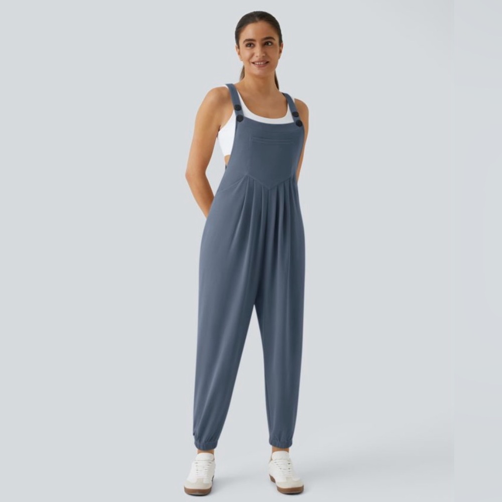 HALARA Slate Blue Waffle Knit Overalls Cuffed Jumpsuit Women’s S NWT - Picture 6 of 12